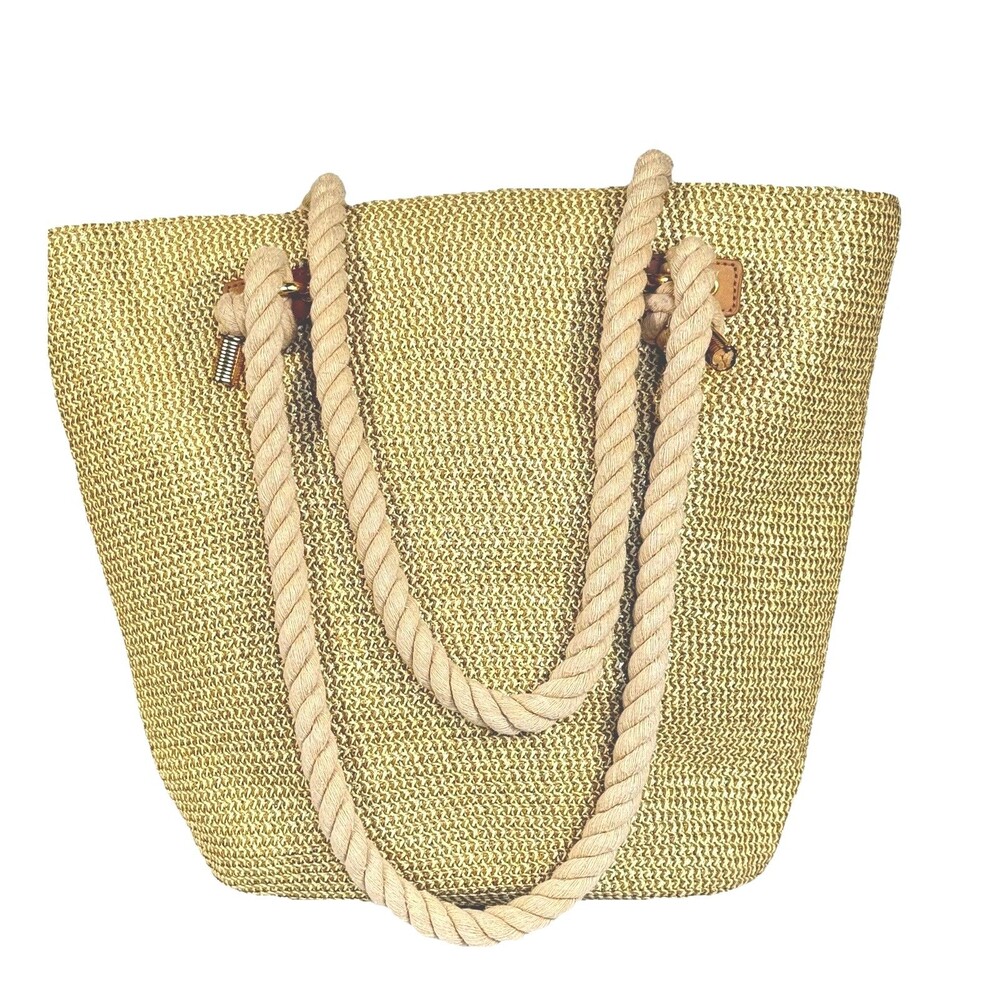 Straw Beach Tote Bag Rope Handle Boho Woven Medium Summer Vacation Tan